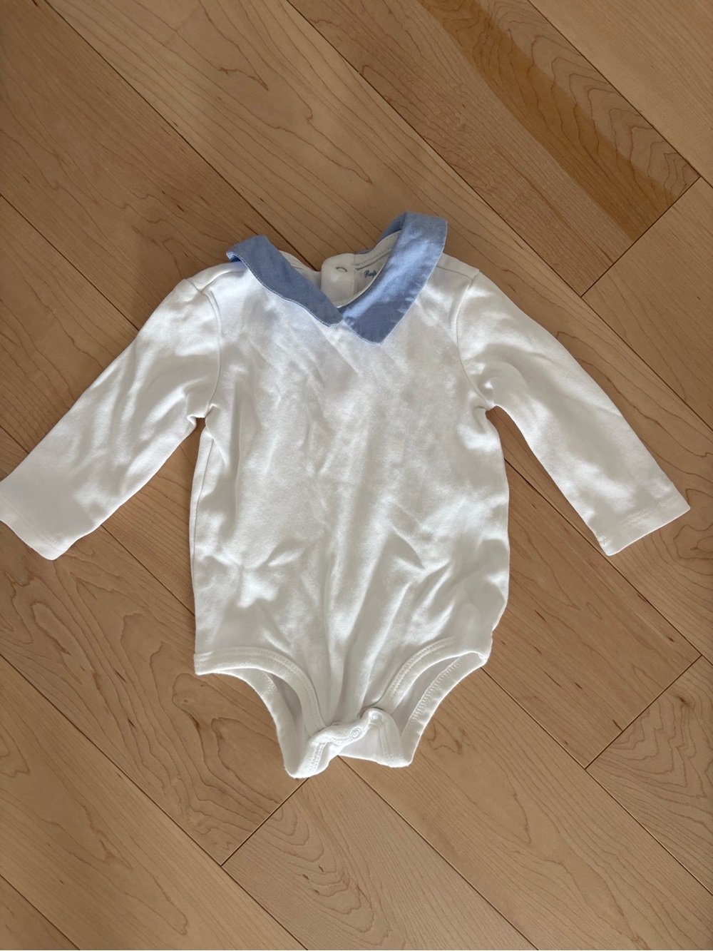 Ralph Lauren White Long-Sleeve One-Piece with Light Blue Collar